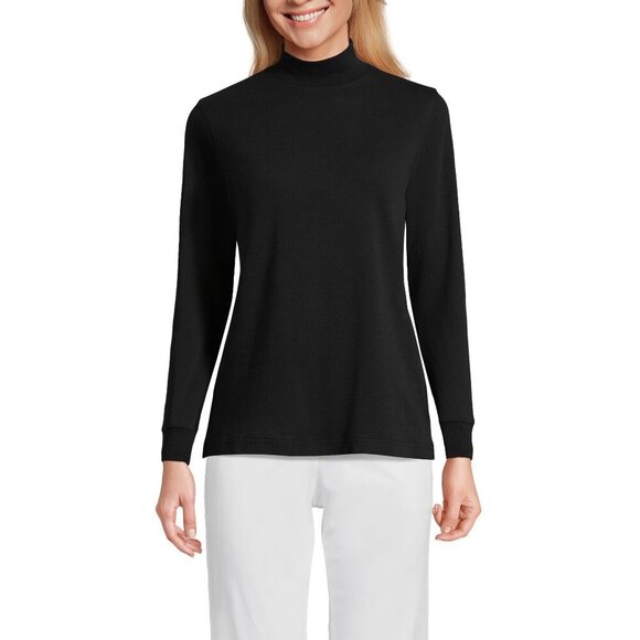 Lands End Black Mock Turtleneck Top L Relaxed Fit 100% Cotton - Picture 1 of 8